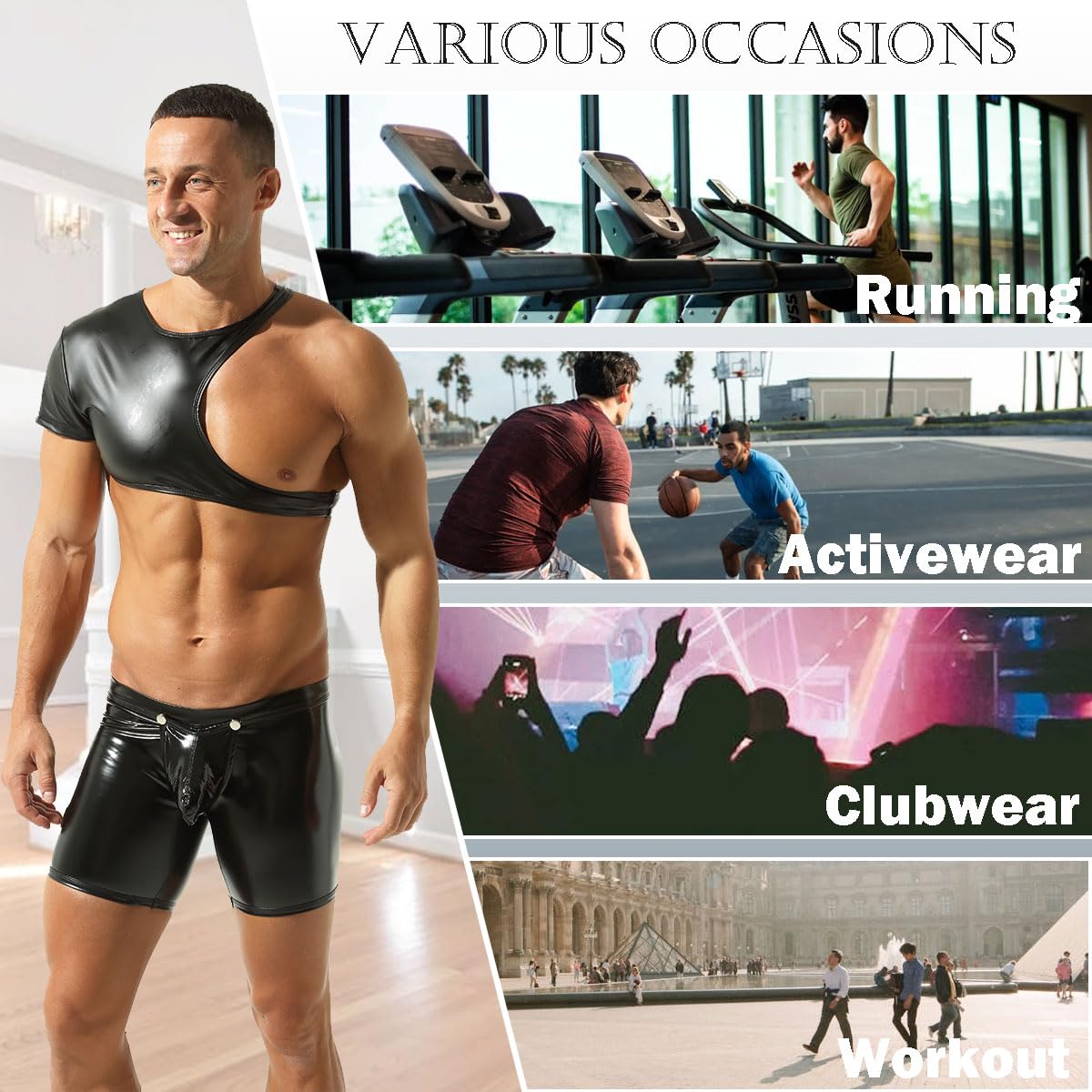 Mens Leather Crop Tops Sexy Sleeveless Muscle Half Tank Tops for Nightclub Party