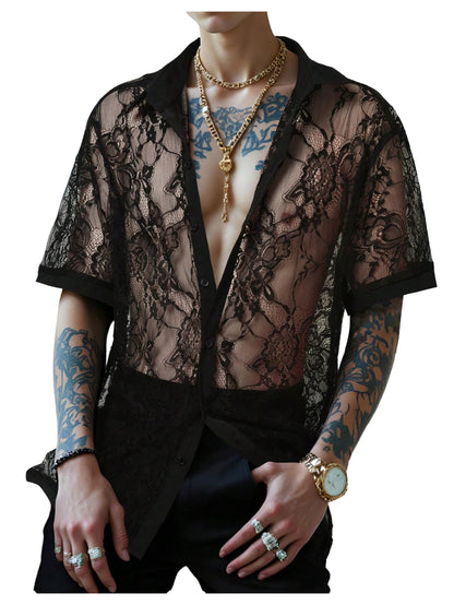 SHENHE Men's Floral Lace Shirt Sheer Button Down Short Sleeve Party Festival Date Night Top Black X-Large