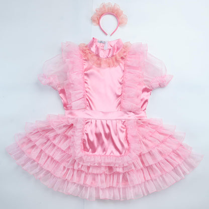 Sissy - Femboy - Women French Maid Pink Satin  Dress Crossdresser)