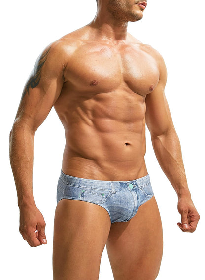 MIZOK Mens Denim Print Swim Briefs Funny Beach Swimwear Swimsuit Blue XL