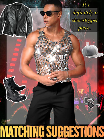 ChiaoLezhee Men's Big Sequin & Rhinestone Mesh Shirt for Rave, Sparkly Reflective Metallic Sexy Tank Top,Club Party Festival Outfits Summer Going Out Fishnet Glitter Sheer Sleeveless,Silver