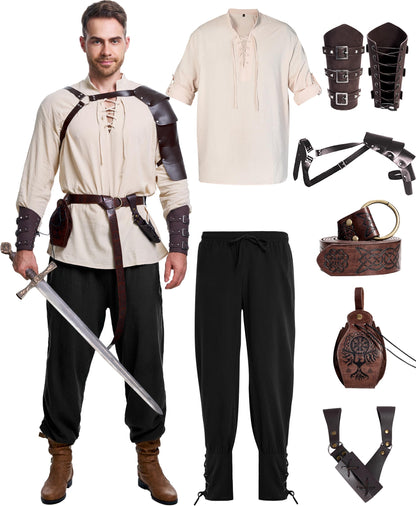 8 Pcs Men's Renaissance Costume Halloween Medieval Pirate Shirt Pant Viking Costume Accessories Set (Classic Color, Large)