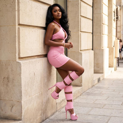 FancyQueen Gladiator Heels, Pink Platform Heels Open Toe Knee High Sandals Club Prom Boots, Sexy Style for Party
