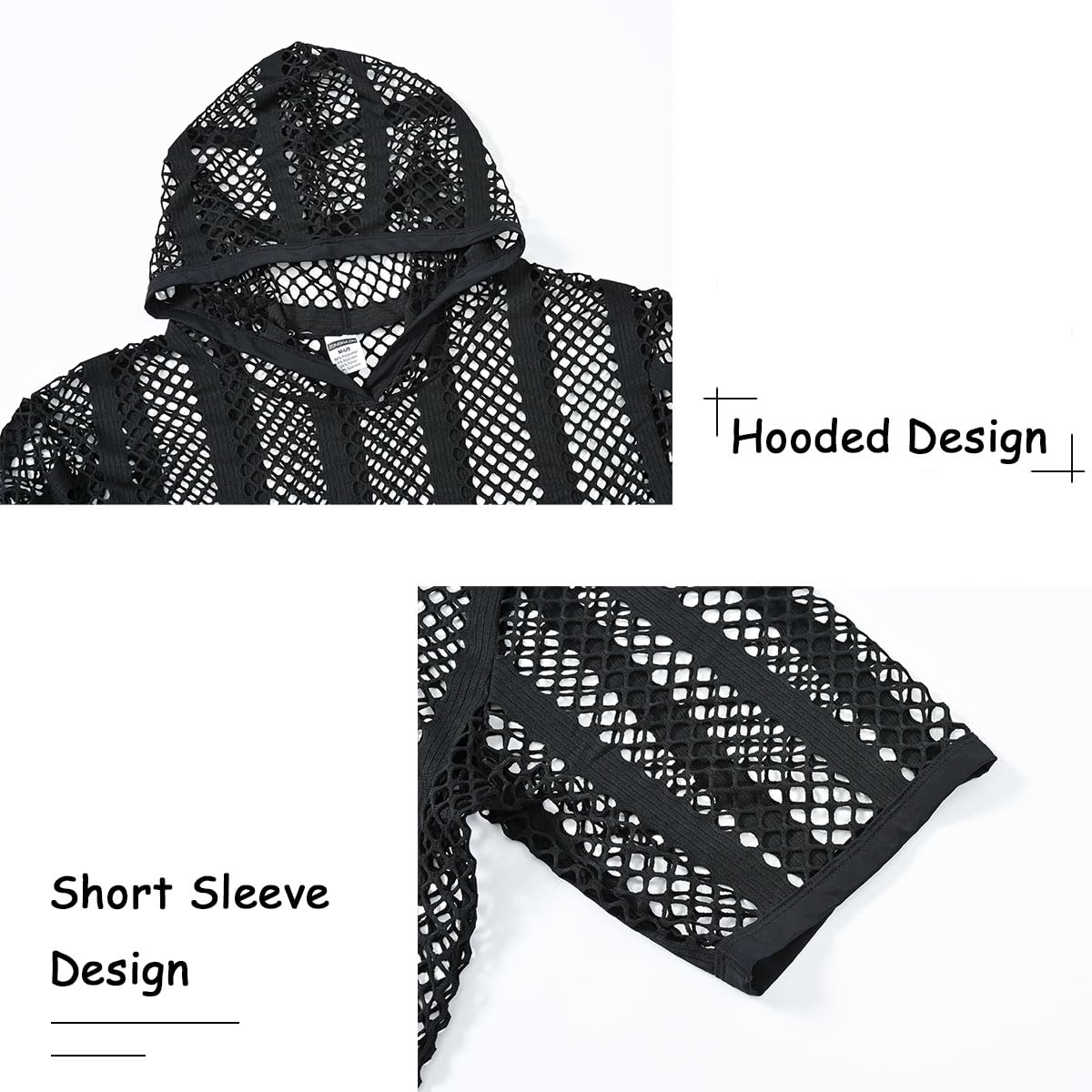 SUMABA Men's Sexy Fishnet Black Mesh Shirt Men Short Sleeve See Through Sheer Hoodies Pullover, Black M