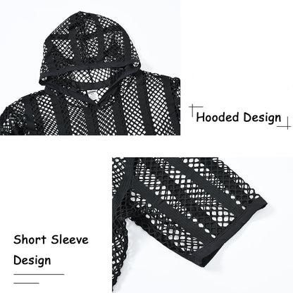 SUMABA Men's Sexy Fishnet Black Mesh Shirt Men Short Sleeve See Through Sheer Hoodies Pullover, Black M