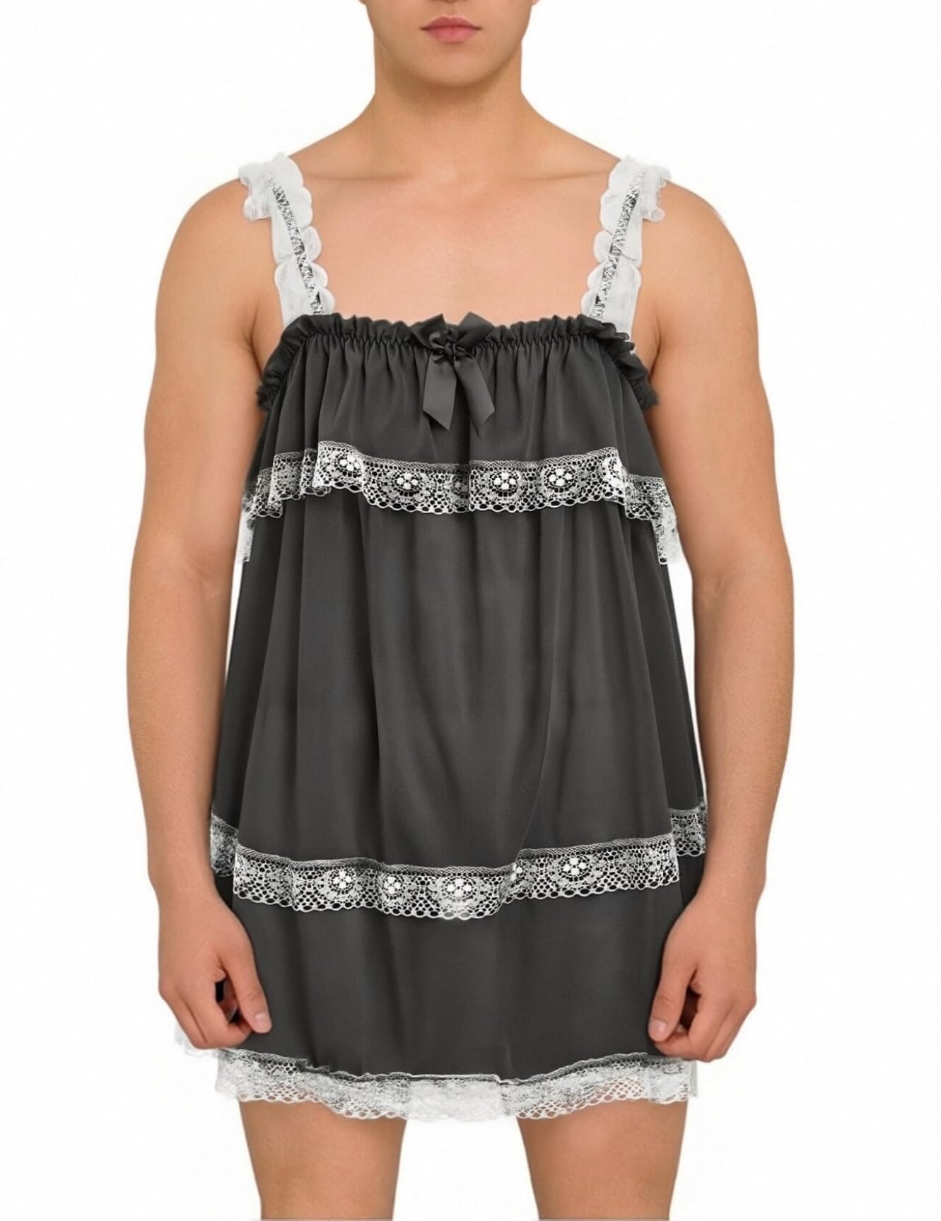 Men's Sissy Nightwear Baggy Mesh Sheer Lingerie Nightdress Ruffle Lace Trim Crossdressing Dress Black Medium
