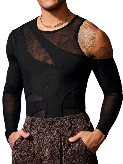 WDIRARA Men's Cut Out Cold Shoulder mesh Solid Round Neck Long Sleeve tee Shirts Black Small