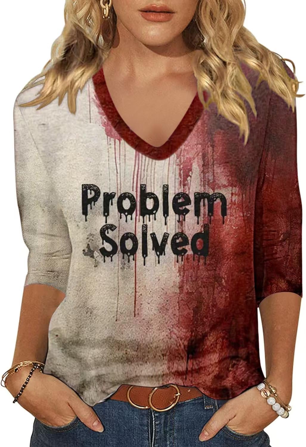 Women's Problem Solved Bloody V Neck Shirt,Red01,M