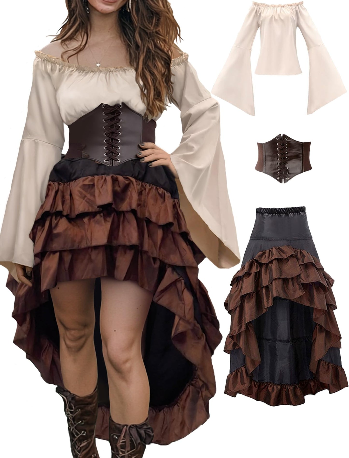 Women's Renaissance Pirate Wench Costume with Corset, Skirt & Blouse