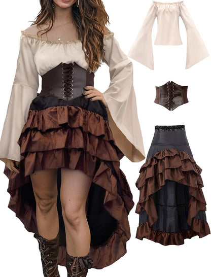 Women's Renaissance Pirate Wench Costume with Corset, Skirt & Blouse