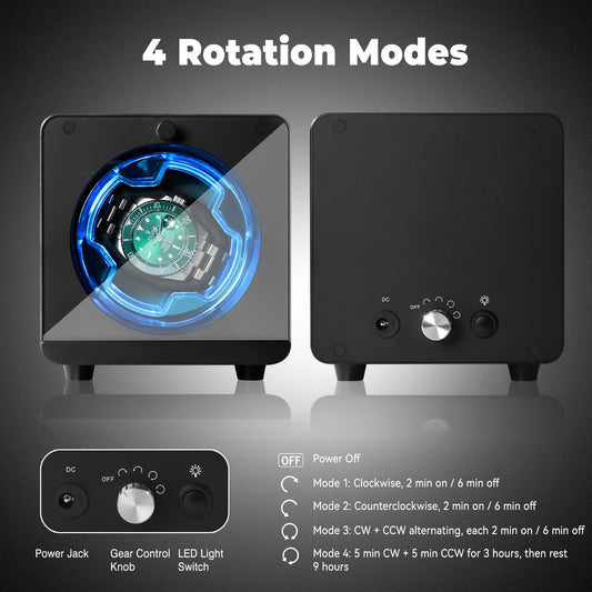 Cevale Single Watch Winder,Aluminum Automatic Watch Winder for Rolex with Ultra Quiet Motor(≈0dB),Self-Winding Metal Watch Winder for Every Watches,Blue Light,Gift for Watch Lovers