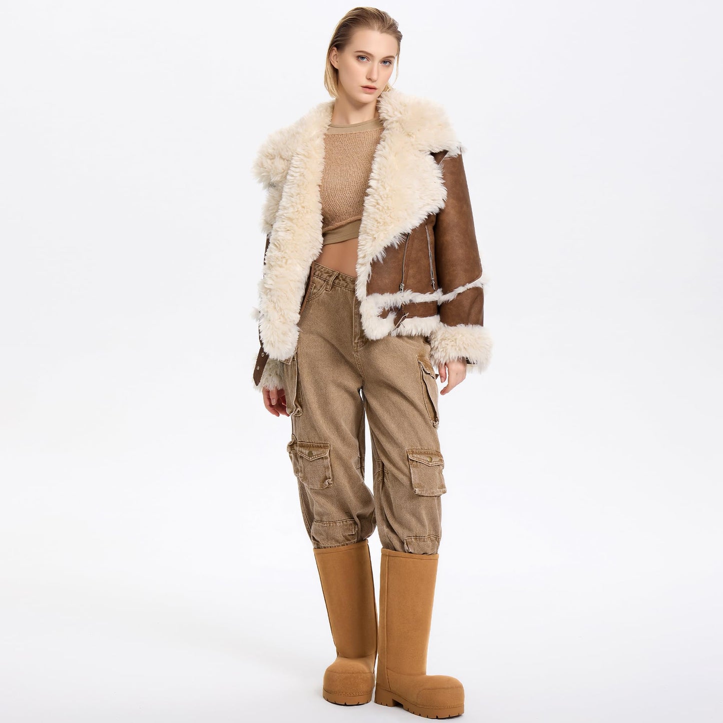 LACIKOSZ Faux Suede Platform Fuzzy Snow Boots Round Toe Hippy Winter Boots Slip On Knee High Chunky Heel Fur Tall Boots for Women