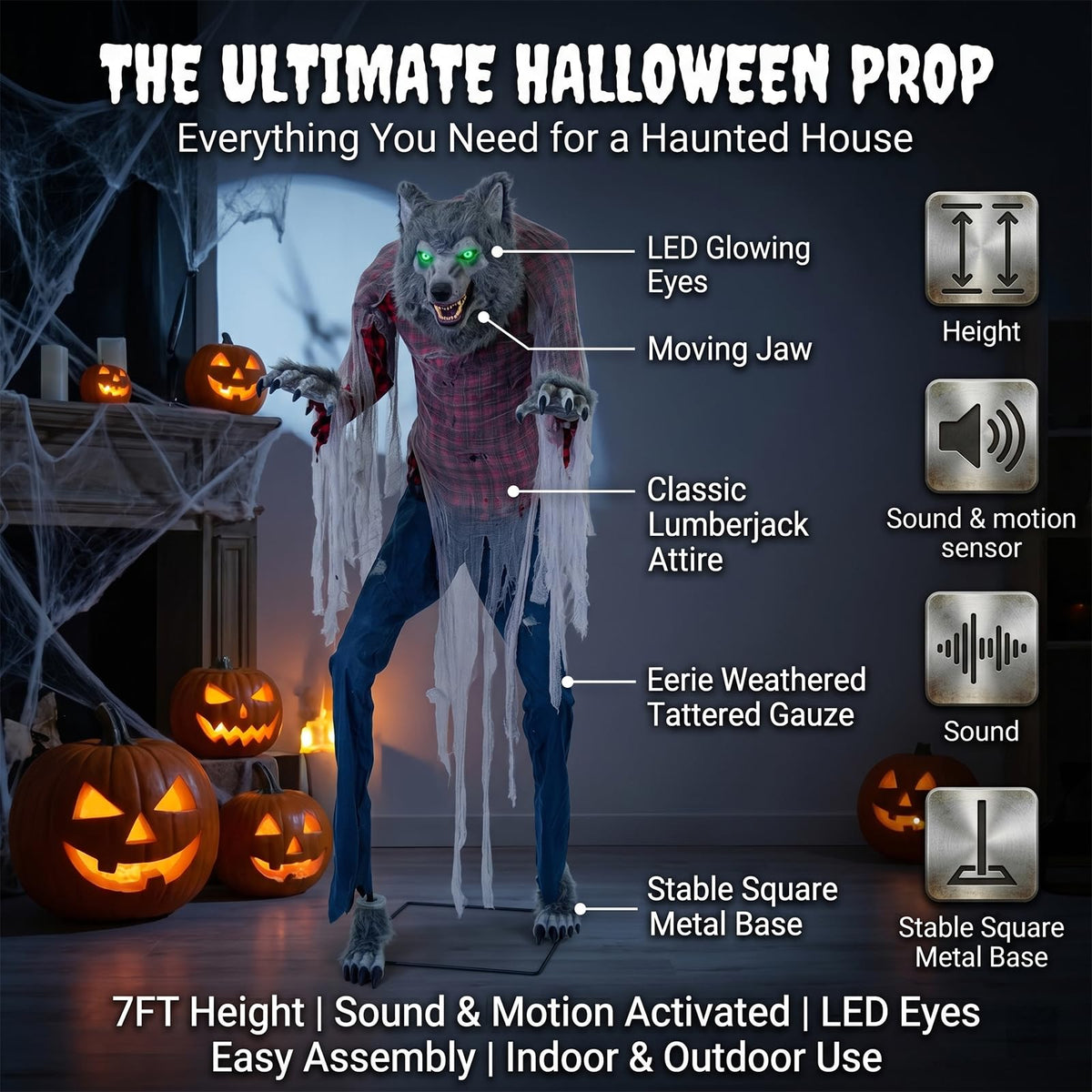 7FT Animated Halloween Werewolf Decoration - Sound Activated Werewolf Animatronic Outdoor with Motion, Lights and Sound, Scary Wolf in Red Plaid Shirt and Jeans, for Yard Porch Haunted House