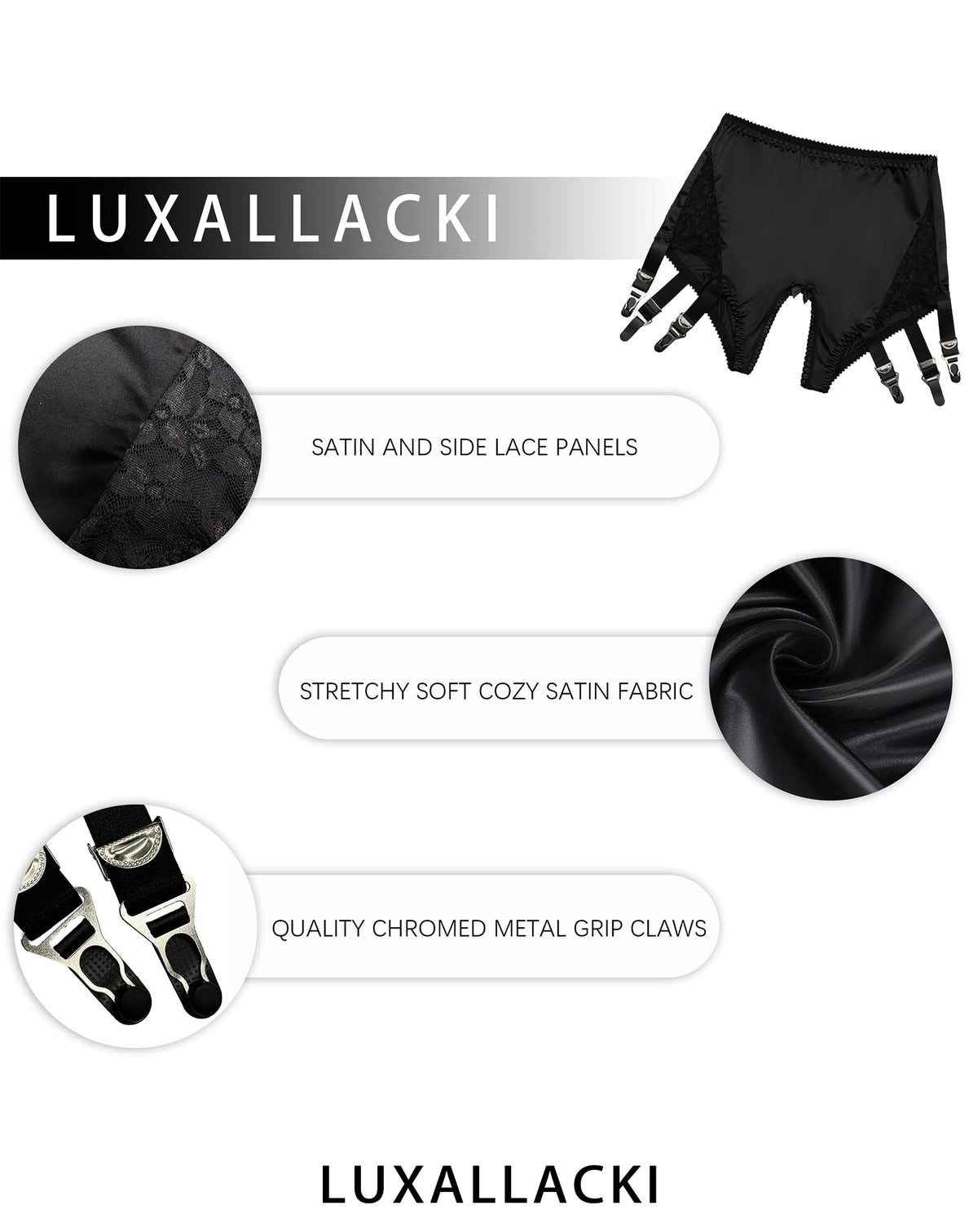 6-Strap Pull-On Satin Garter Panty with Metal Clips, Open-Crotch Design for Thigh-High Stockings (Black,3XL)