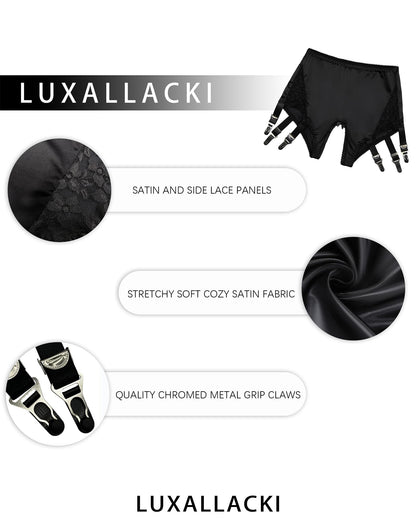 6-Strap Pull-On Satin Garter Panty with Metal Clips, Open-Crotch Design for Thigh-High Stockings (Black,3XL)