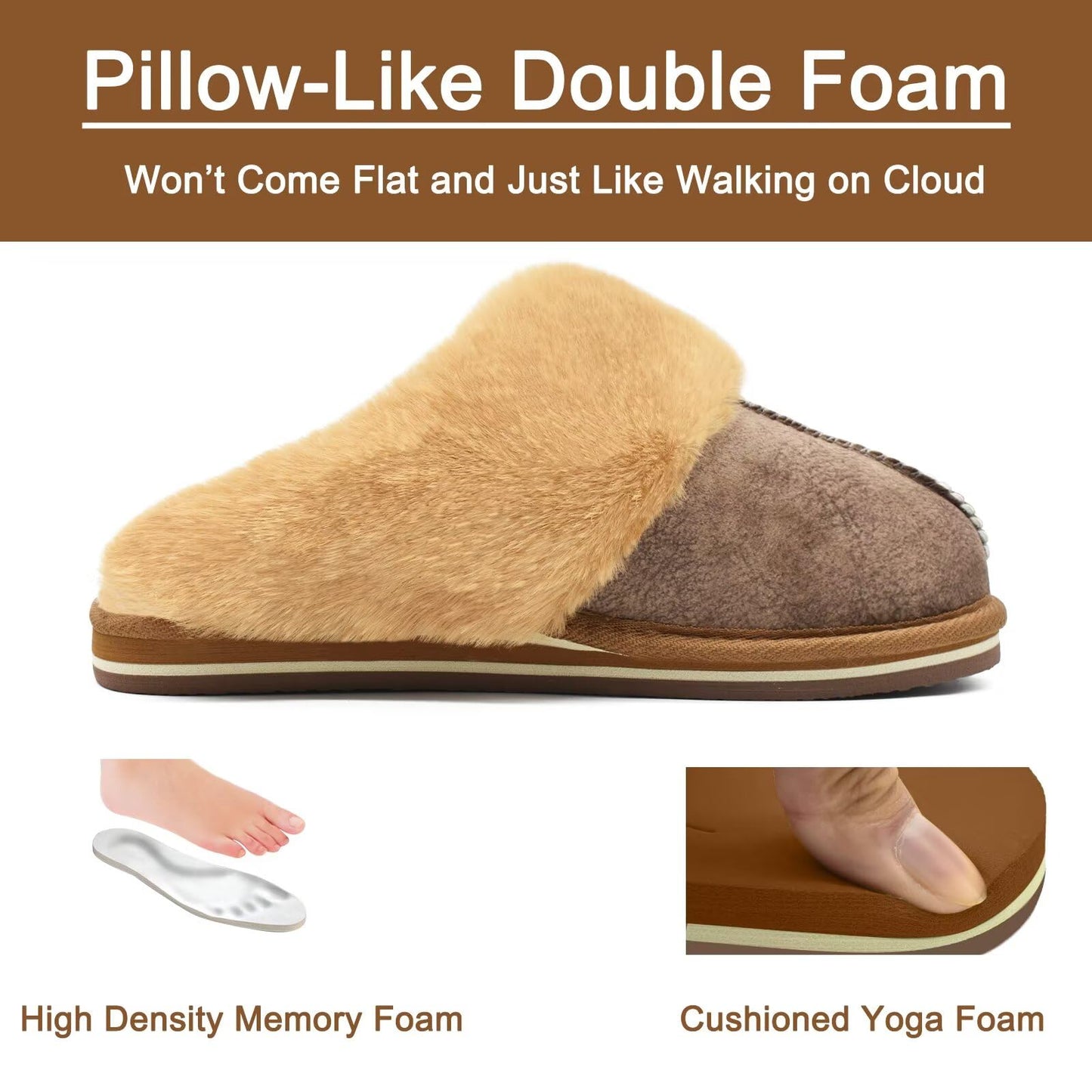 KuaiLu Womens Cozy Memory Foam Slippers Ladies Fuzzy Faux Fur Lined Warm Arch Support House Shoes Slip on Comfy Winter Scuff Indoor Outdoor Rubber Hard Sole Orthotic Plush Bedroom Brown Size 8
