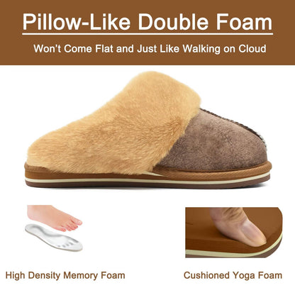 KuaiLu Womens Cozy Memory Foam Slippers Ladies Fuzzy Faux Fur Lined Warm Arch Support House Shoes Slip on Comfy Winter Scuff Indoor Outdoor Rubber Hard Sole Orthotic Plush Bedroom Brown Size 8
