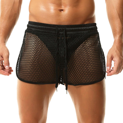 QiaTi Men's Mesh Shorts See Through Underwear Breathable Fishnet Rave Shorts for Men Black