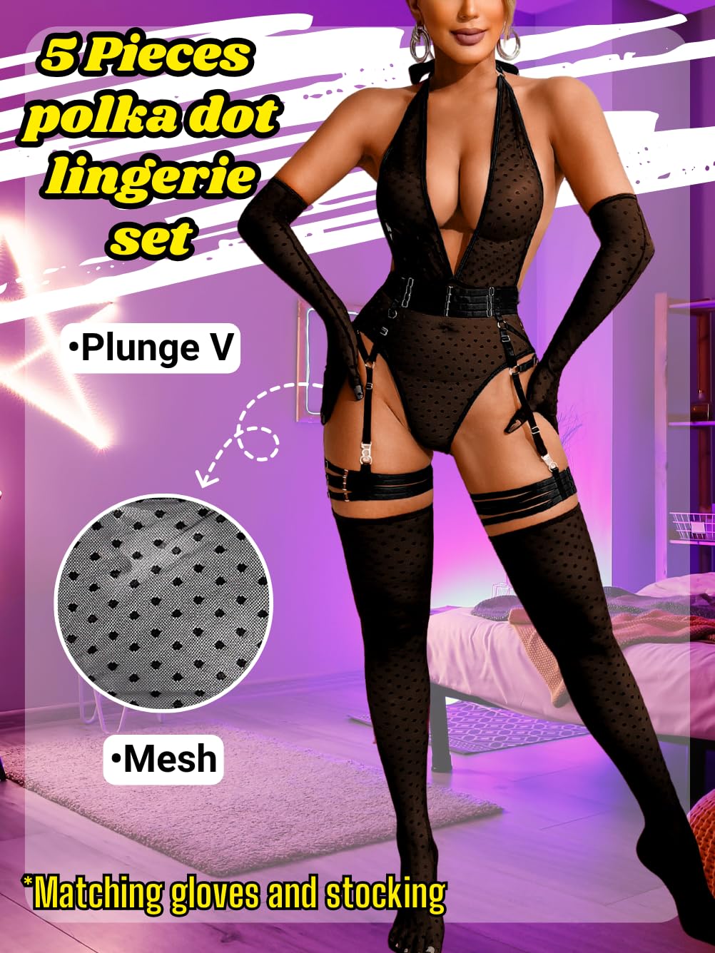 ChiaoLezhee Sheer Mesh Bodysuit, Exotic Wear Dancer, Sexy Lingerie 5 PC For Women Thigh High Stockings Garter Belt Dancewear, Black, Medium