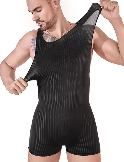 ABAFIP Men's Sexy Lingerie Bodysuit Stripe Mesh See Through Shorts Romper Sheer Underwear Black Medium