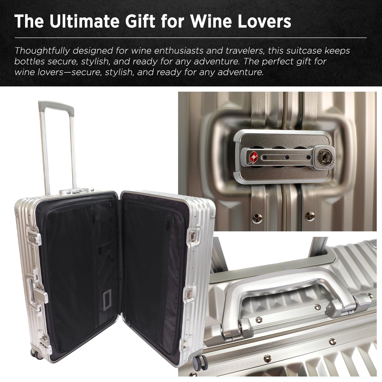 VinGardeValise® VinAluminum Wine Travel Suitcase - 12-Bottle Aluminum Luggage with TSA Lock, Shockproof Foam Inserts, Spinner Wheels, Hard Shell, Airline Approved
