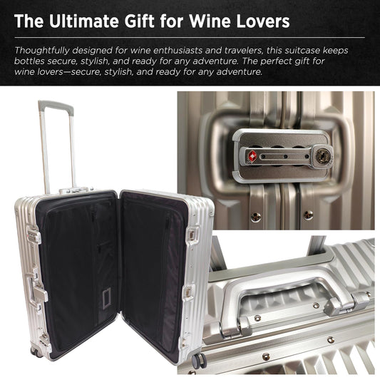 VinGardeValise® VinAluminum Wine Travel Suitcase - 12-Bottle Aluminum Luggage with TSA Lock, Shockproof Foam Inserts, Spinner Wheels, Hard Shell, Airline Approved