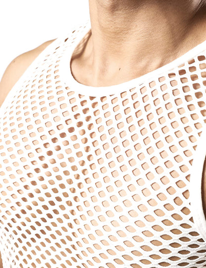 JOGAL Men's Mesh Fishnet Fitted Sleeveless Muscle Top Medium WG01 White