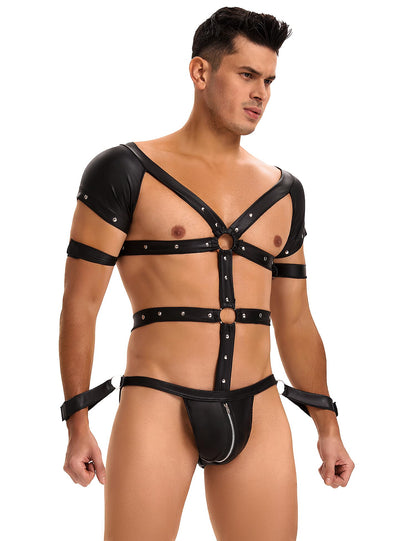 Mens Harness Faux Leather Bondage Sexy Mankini Costume One-piecs Thong Underwear with Jockstrap Bodysuit (Black, XL)