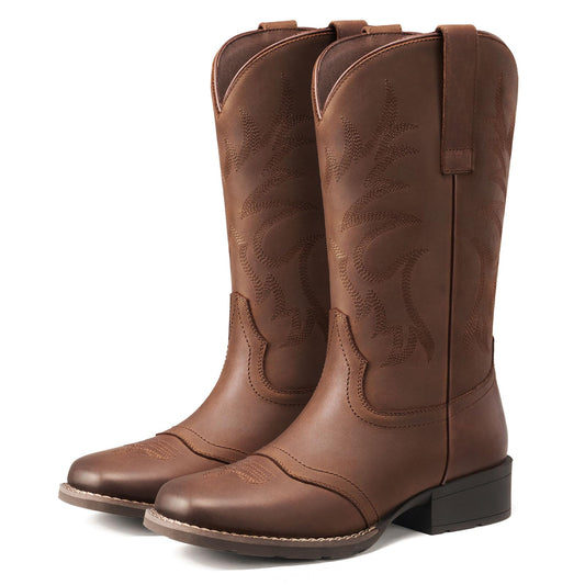 Rollda Genuine Leather Cowboy Boots for Women, Square Toe Cowgirl Boots with Block Heel, Women Mid Calf Western Boots