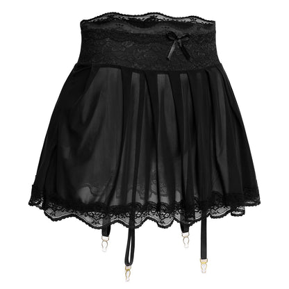 ABAFIP Men's Sissy Lingerie Mini Skirt Floral Lace Trim Mesh Sheer Skirts with Garters Belt See Thru Crossdressing Underwear Strappy Underpants Black X-Large