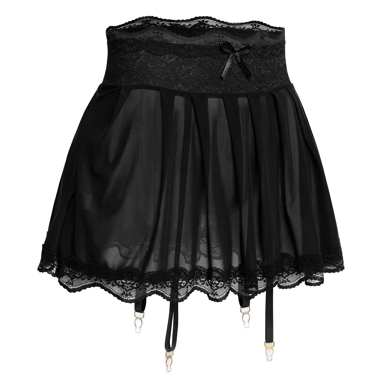 Men's Sissy Lingerie Mini Skirt Floral Lace Trim Mesh Sheer Skirts with Garters Belt See Thru Crossdressing Underwear Strappy Underpants Black Medium