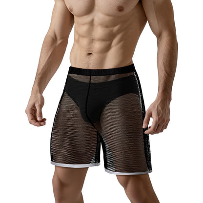 Men's Sparkly Sheer Mesh Boxer Shorts See Through Fishnet Underwear Trunks Lounge Pajama 1 Pack of Black XL