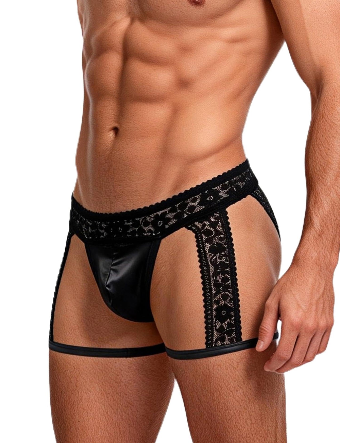 Men's Sexy Thong with Lace & Faux Leather Leg Straps - U-Pouch Thong Underwear for Men Fits S