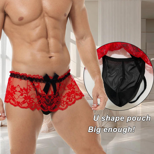 Men's Lace Panties Skirted Sissy Underwear For Men Sexy Lingerie Femboy (US, Alpha, One Size, Regular, Regular, Red)