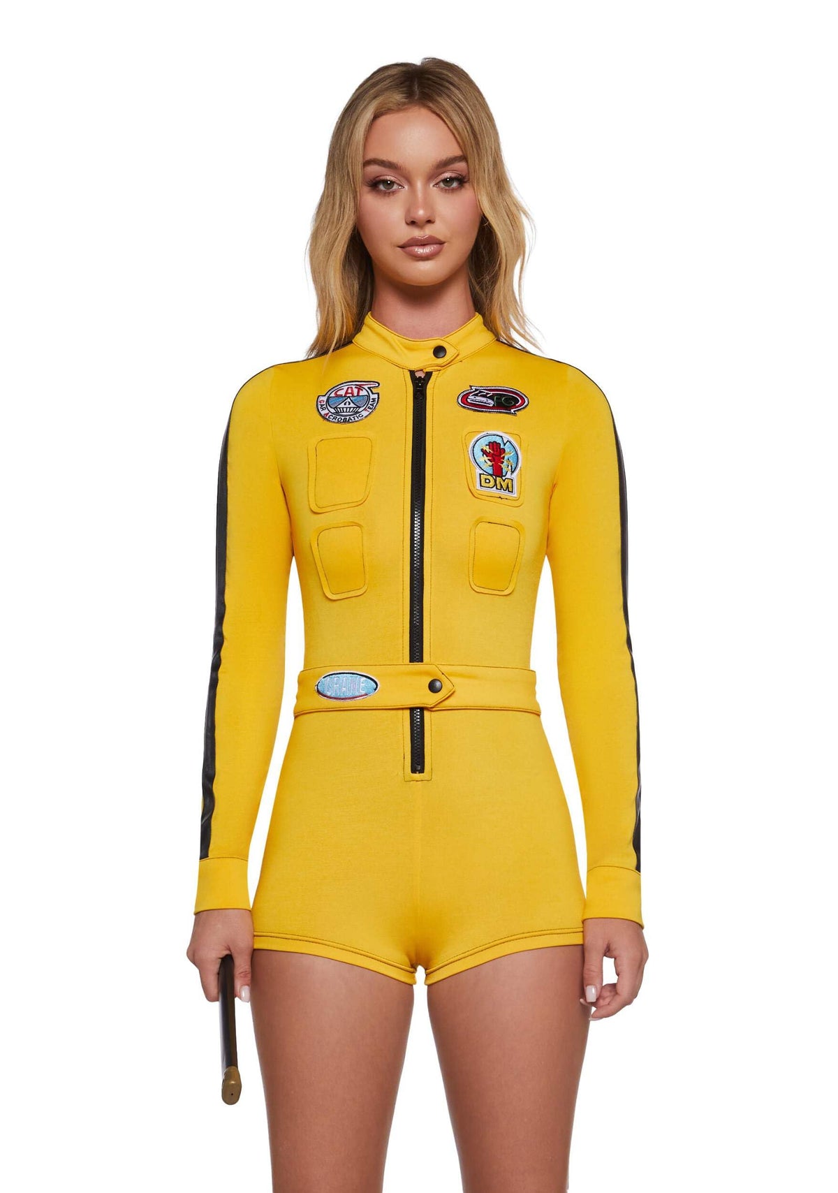 Dolls Kill Revenge Assassin Costume by Trickz N’ Treatz – Women’s Yellow Zip-Up Jumpsuit with Belted Waist & Racing Patches, Small