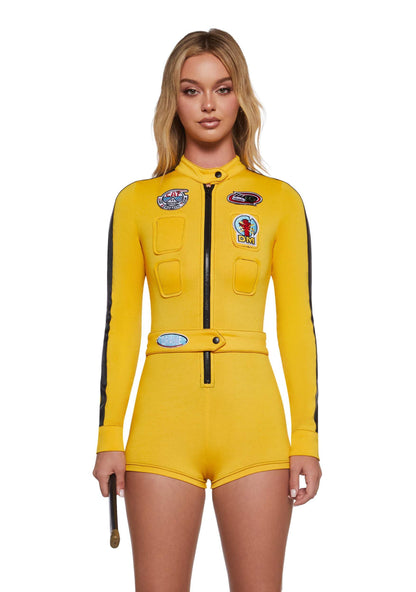 Dolls Kill Revenge Assassin Costume by Trickz N’ Treatz – Women’s Yellow Zip-Up Jumpsuit with Belted Waist & Racing Patches, Small