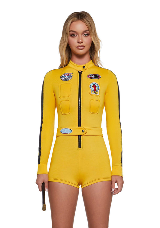 Dolls Kill Revenge Assassin Costume by Trickz N’ Treatz – Women’s Yellow Zip-Up Jumpsuit with Belted Waist & Racing Patches, Small