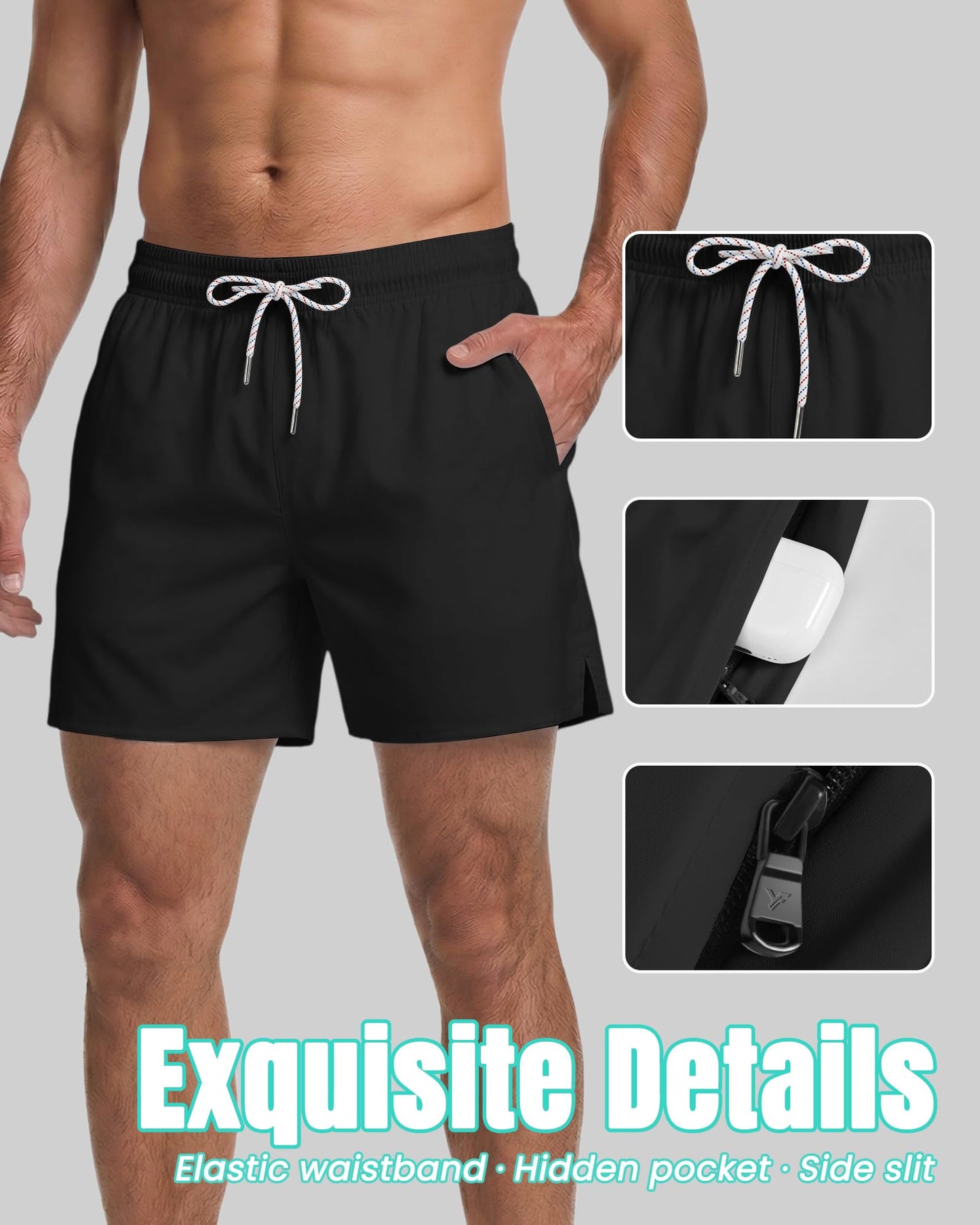 Men Swim Trunks Compression Liner Quick Dry Drawstring Zipper Pockets Inseam Male Swimwear Swimsuit Swimtrunks Boardshorts Bathing Suit Beach Pool Board Surf Short Mesh Essentials