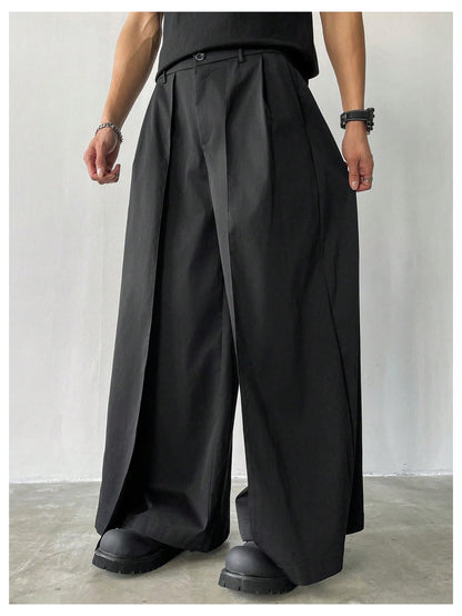 OYOANGLE Men's Baggy Wide Leg Pants Zipper Fly Pleated Trousers Business Casual Dress Pants with Pocket Black X-Large