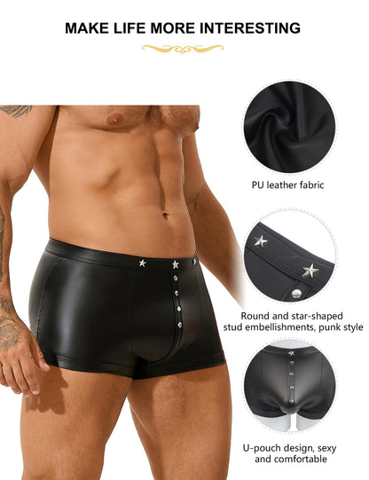 Black PU Leather Boxer Short Underwear Bulge Pouch Trunks Low Rise Bikini Panties Sexy Underwear for Men Sexy Boxer Brief Fits Large