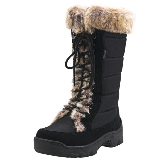 AUSLAND Women's Black Winter Snow Boots Twin Peaks Fur Cuff Mid-Calf Waterproof Lace Up Boots E7623 6US/37EU