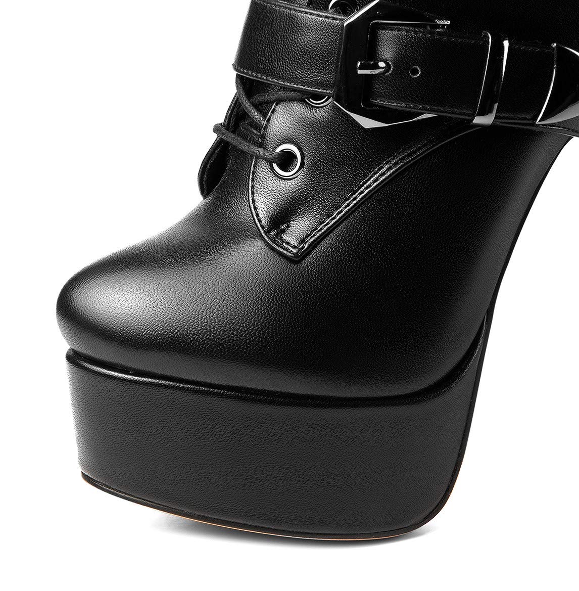 ANN CREEK 'Batian' Classic High Platform Mid Calf Boots Ultra High Stiletto Heels Lace Up Boots Faux Leather Round Toe Tie Up Boots Sexy Black Buckle Strap Thin High Heel Boots Black 10