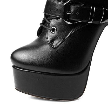 ANN CREEK 'Batian' Classic High Platform Mid Calf Boots Ultra High Stiletto Heels Lace Up Boots Faux Leather Round Toe Tie Up Boots Sexy Black Buckle Strap Thin High Heel Boots Black 10