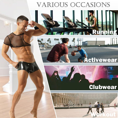 Men's Fishnet Crop Tops Mesh Tank Tops Sheer Undershirt Nightwear