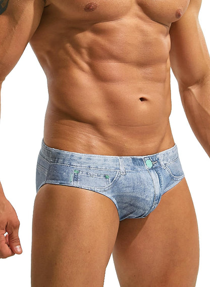 MIZOK Mens Denim Print Swim Briefs Funny Beach Swimwear Swimsuit Blue XL