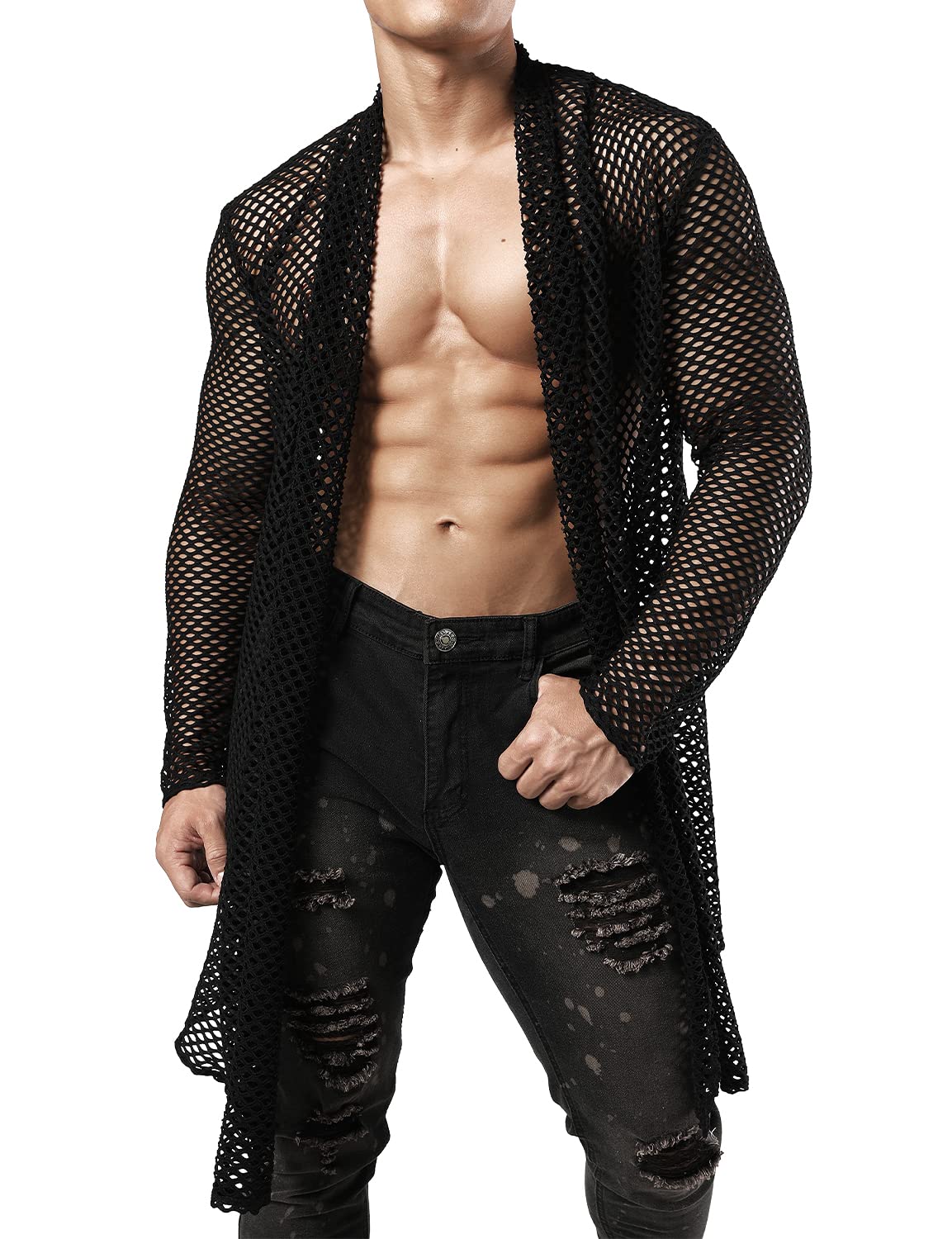 JOGAL Men's Mesh Fishnet Fitted Muscle Cardigan Large WG05 Black