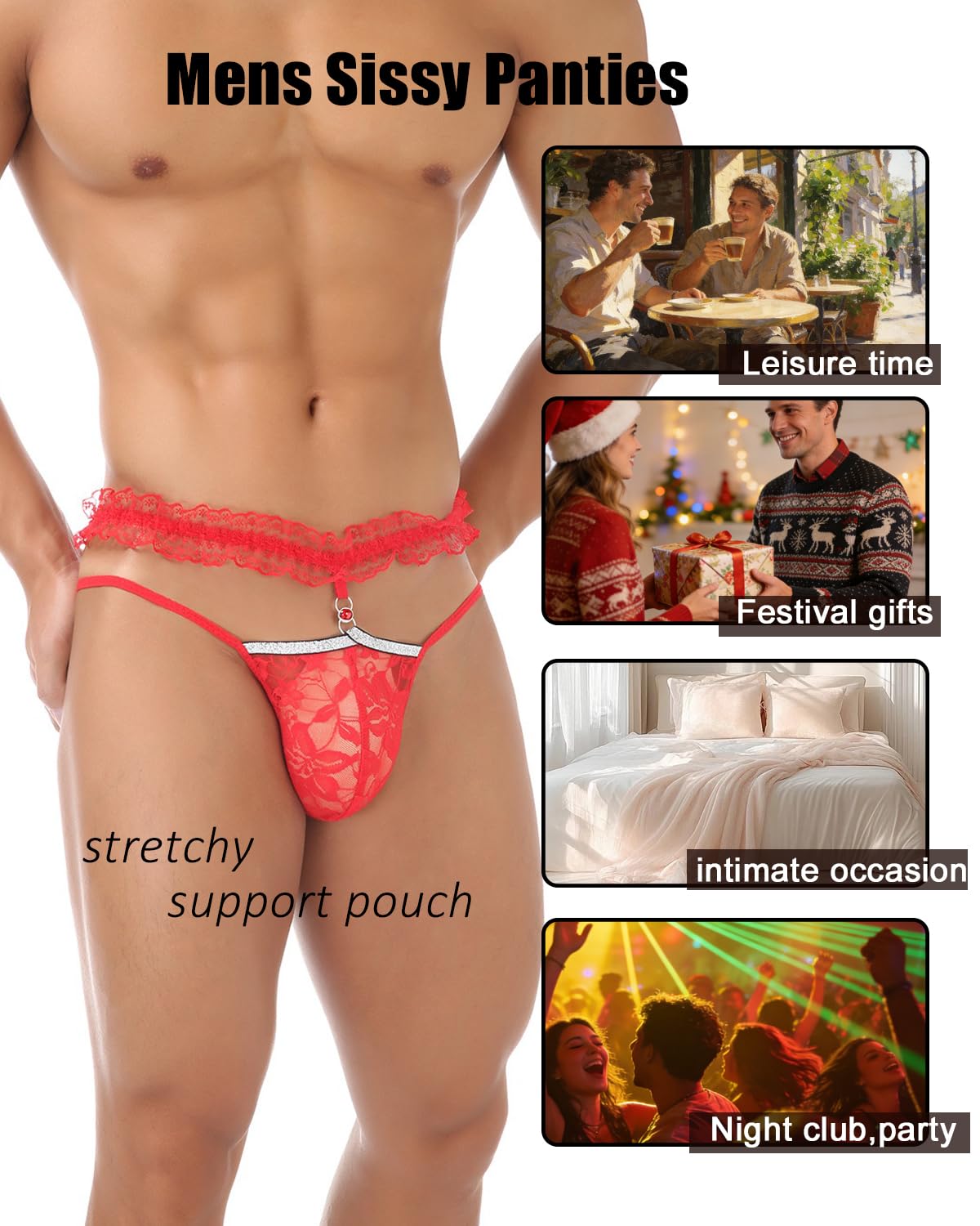 Mens Lace Frilly Sissy Panties Pouch Thong, Feminine G string Underwear For Men Sexy Lingerie (US, Alpha, One Size, Regular, Regular, Red)