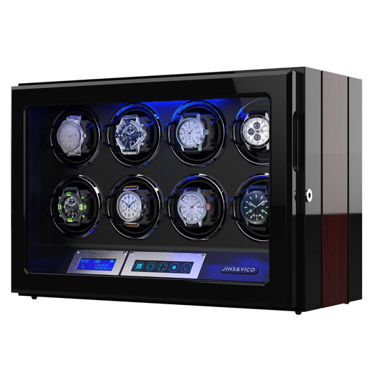 Watch Winder, Wooden Finish with Adjustable [Upgraded] Watch Pillows, 8 Winding Spaces Watch Winders for Automatic Watches, Built-in Illumination