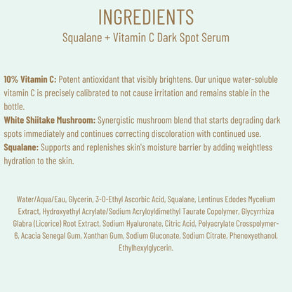 Biossance Squalane + Vitamin C Dark Spot Face Serum – 10% Vitamin C Serum & White Shiitake – Hydrating, Fragrance-Free, Non-Irritating, for Daily Use for All Skin Types, 1.01 Fl Oz
