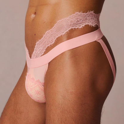 BSZN Men's Lace Jockstrap, Pink Rose Night Low Rise Sheer Lace Pouch Underwear, Mid High Cut Slim Fit Breathable Jock Strap for Men